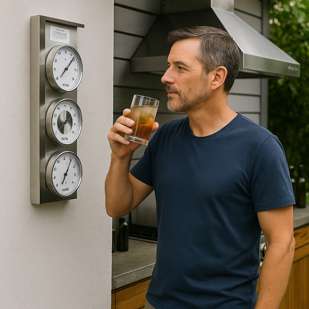 Man outdoors with a drink, standing by a wall-mounted German weather station with barometer, clock, and hygrometer.