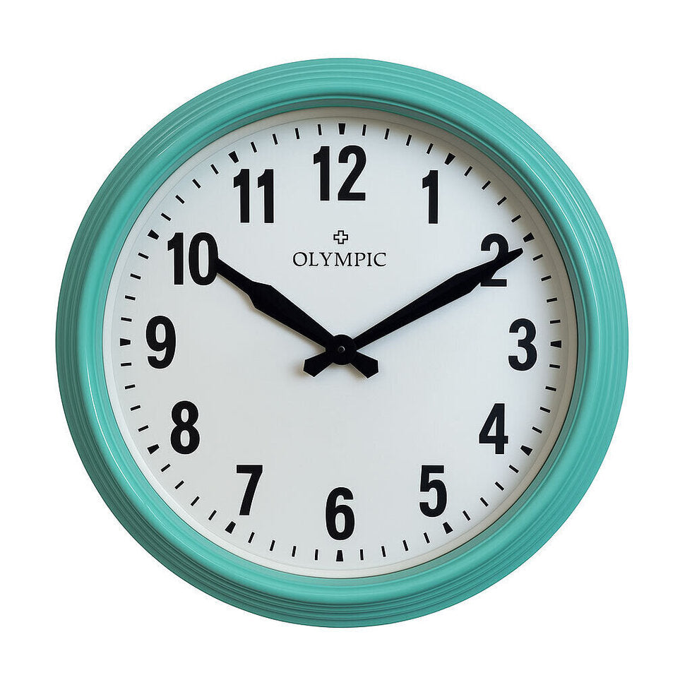 Round wall clock with turquoise frame and black numerals, indoor decorative clock.