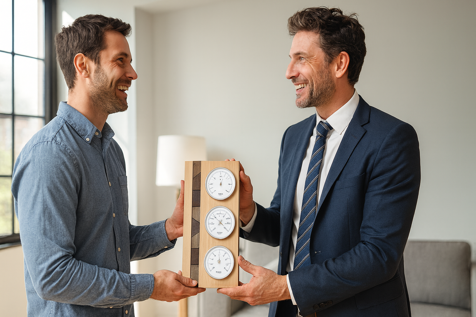 Two men exchanging a wooden weather station with barometer, hygrometer, and thermometer in an office setting