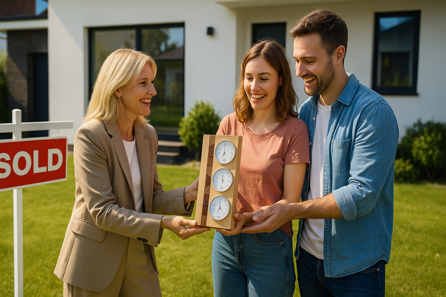 Real estate agent gifting a German weather station barometer to happy new homeowners outside sold house