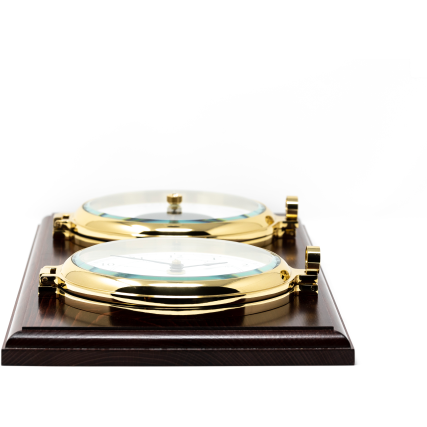 Impressive Porthole Brass Barometer &amp; Clock on Mahogany Base