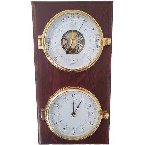 Impressive Porthole Brass Barometer &amp; Clock on Mahogany Base