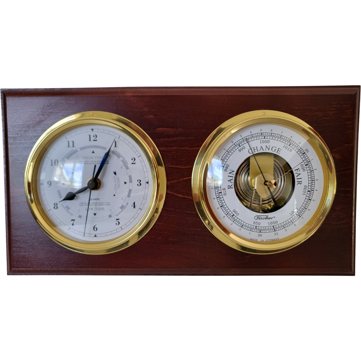 Barometer &amp; Tide Clock Combo in Mahogany &amp; Brass – Perfect for Marine Enthusiasts