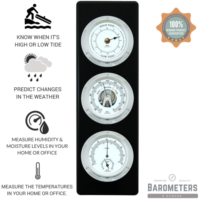 Modern Ebony &amp; Chrome Weatherstation – 4-in-1 Hygrometer, Barometer, Thermometer &amp; Tide Clock