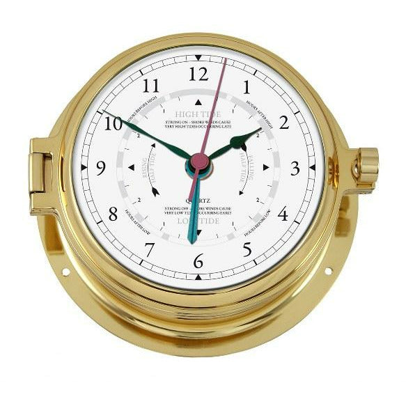 Brass nautical tide clock with white dial for tracking high and low tides, wall-mounted design