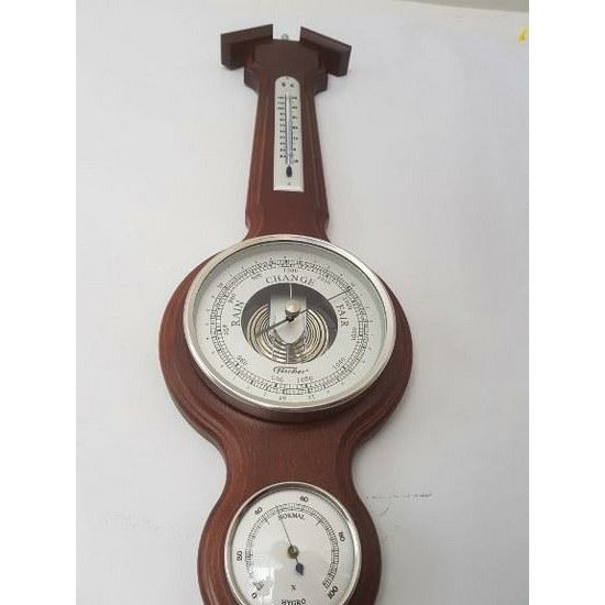 Traditional  Banjo Mahogany &amp; Chrome 555 mm Weatherstation -3 in 1 - Hygrometer + Barometer + Thermometer