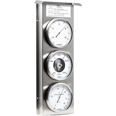 Man outdoors with a drink, standing by a wall-mounted German weather station with barometer, clock, and hygrometer.