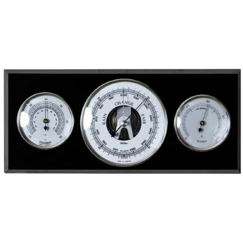 Rectangular weather station with barometer, thermometer, and hygrometer dials