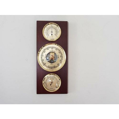 Modern Mahogany &amp; Brass Weatherstation 3 in 1 - Hygrometer + Barometer + Thermometer