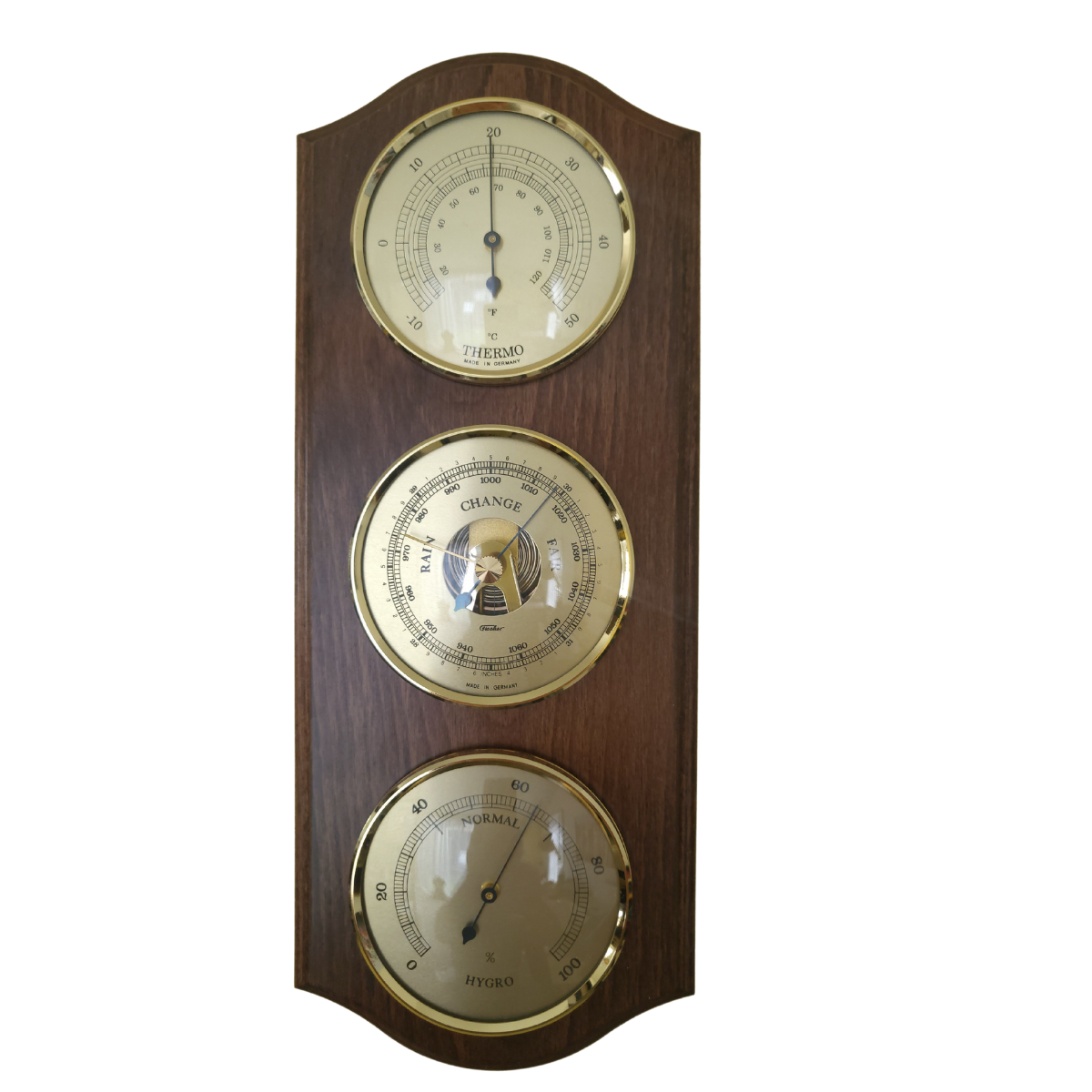 Walnut &amp; Brass Weatherstation-3 in 1 - Hygrometer + Barometer + Thermometer