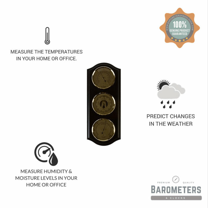 Ebony &amp; Brass Weatherstation-3 in 1 - Hygrometer + Barometer + Thermometer