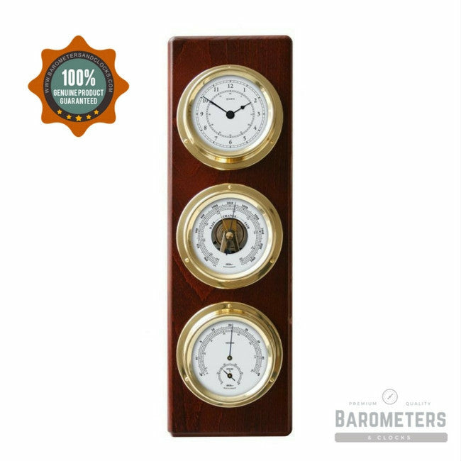 Modern Mahogany &amp; Brass Weatherstation – 4-in-1 Hygrometer, Barometer, Thermometer &amp; Quartz Clock