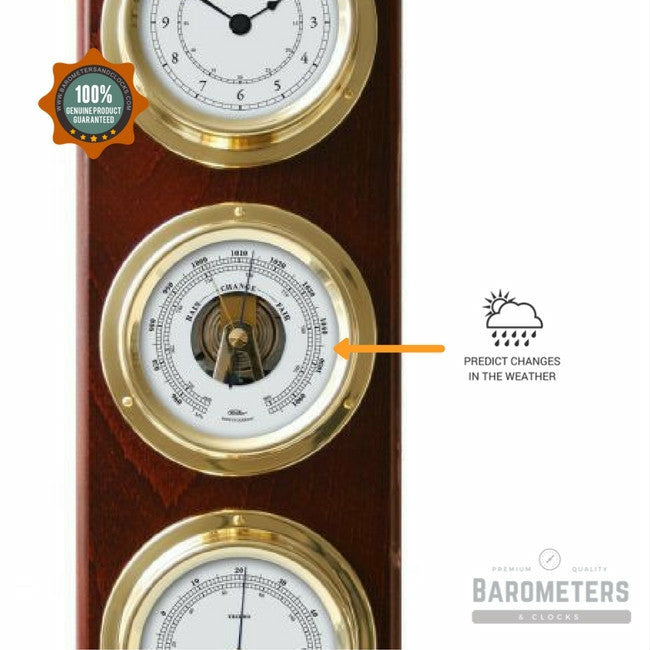 Modern Mahogany &amp; Brass Weatherstation – 4-in-1 Hygrometer, Barometer, Thermometer &amp; Quartz Clock