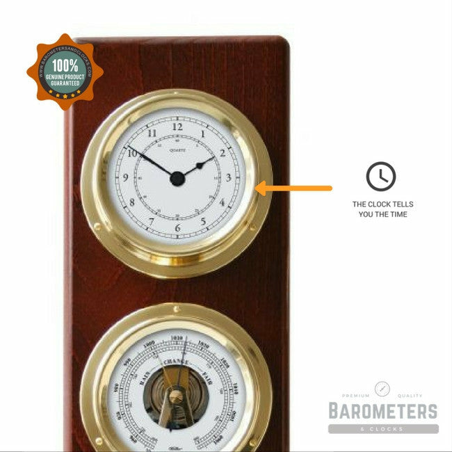 Modern Mahogany &amp; Brass Weatherstation – 4-in-1 Hygrometer, Barometer, Thermometer &amp; Quartz Clock