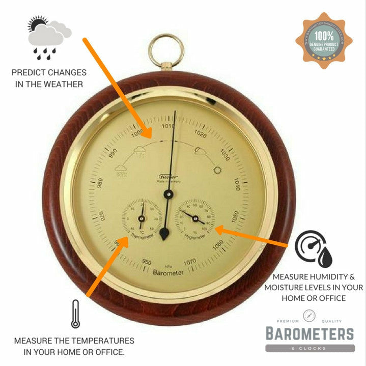 Mahogany &amp; Brass Weather-Station  3 in 1 - Hygrometer + Barometer + Thermometer