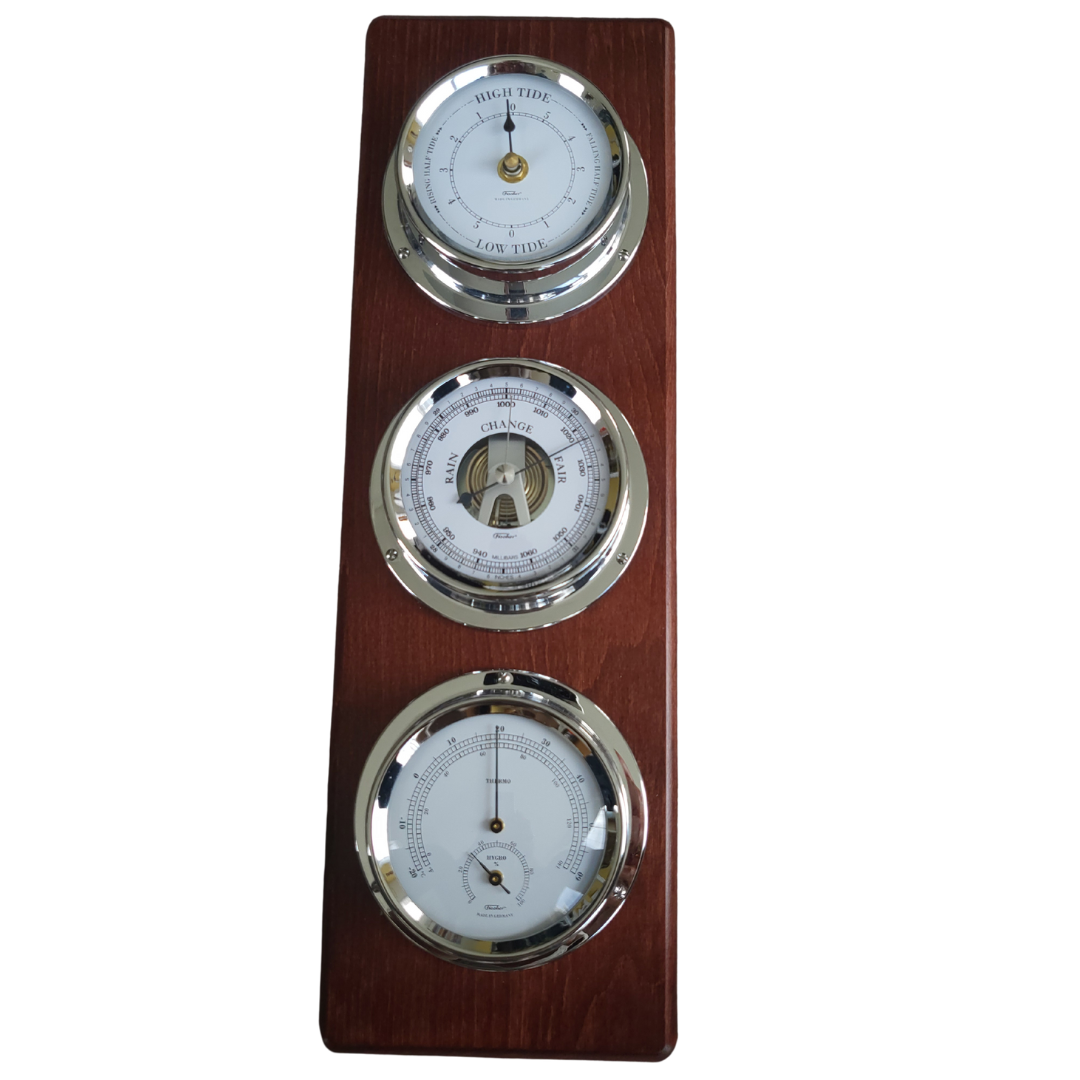 Modern Mahoany &amp; Chrome Weatherstation – 4-in-1 Barometer, Hygrometer, Thermometer &amp; Tide Clock