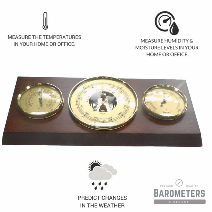 Modern Mahogany &amp; Brass Weatherstation 3 in 1 - Hygrometer + Barometer + Thermometer