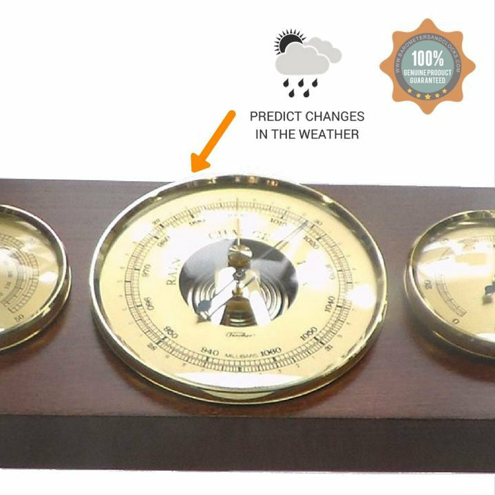 Modern Mahogany &amp; Brass Weatherstation 3 in 1 - Hygrometer + Barometer + Thermometer
