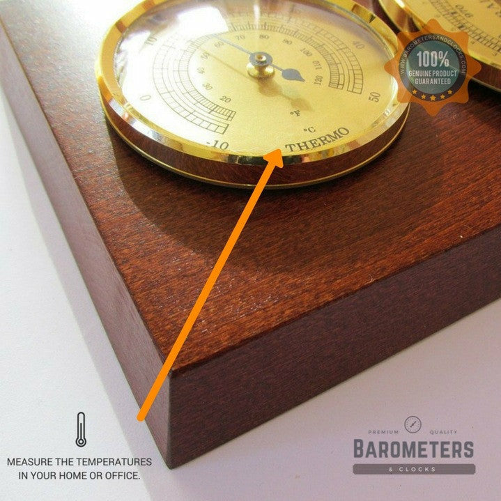 Modern Mahogany &amp; Brass Weatherstation 3 in 1 - Hygrometer + Barometer + Thermometer